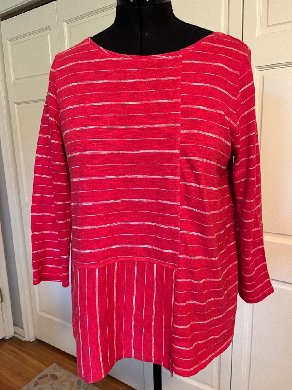 Excellent HABITAT Red and White Stripe 3/4 Sleeve Shirt Tunic 100% Cotton Size M